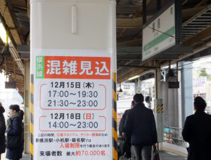 JR菊名駅ホームに掲示されている「混雑見込」のポスター