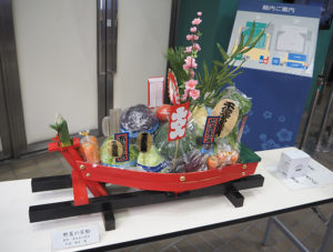 小机町の松本勝彦さんから1月7日（金）に港北区役所に贈呈されたという「野菜の宝船」が区役所から持ち込まれ展示されていました