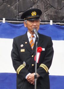 飯田孝彦港北消防団長は「地域を守るためにも消防団に入団してもらいたい」と安心・安全な地域まちづくりのための団員募集を呼び掛けていました
