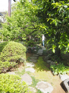 初参加の錦が丘「伊藤さんのお庭」ではとび石とつくばいがある「幽玄の世界」が広がる庭が出迎えてくれる（同）