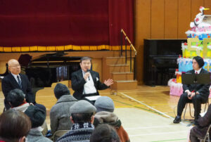 第2部で行われた対談「ふるさとを語る」では、館校長、齊田さん、そして実行委員会の竹﨑会長が、今回の50周年事業を振り返り、また太尾小学校での取り組みについてなどそれぞれの想いを語りました